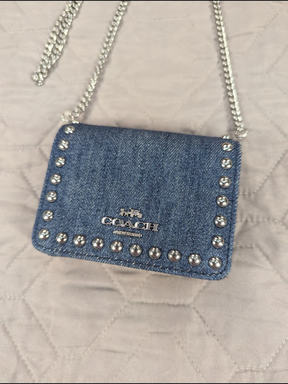 Coach Denim Studded Mini Wallet On Chain Crossbody Bag Silver Rivets Card Case